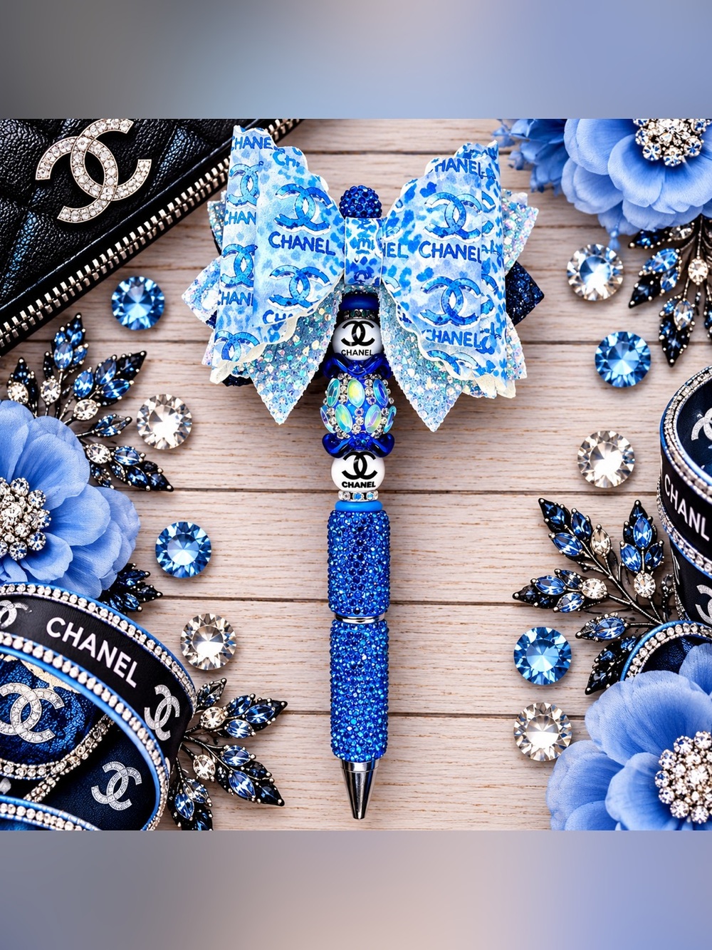 Fashion CC Blue & White Rhinestone Beaded Twist Pen